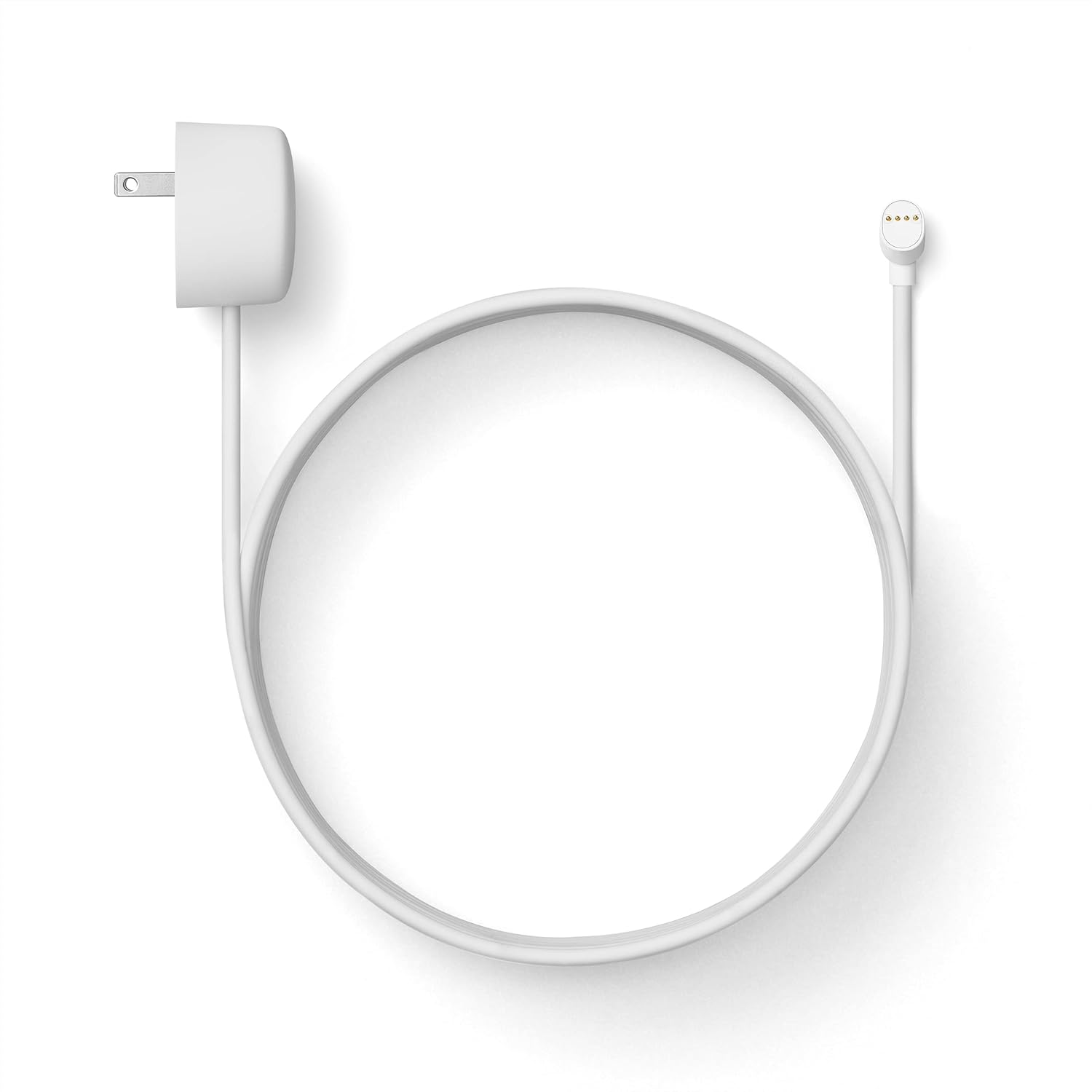 Google Nest Cam Weatherproof Cable in Snow front view layout with power adapter and wall clips