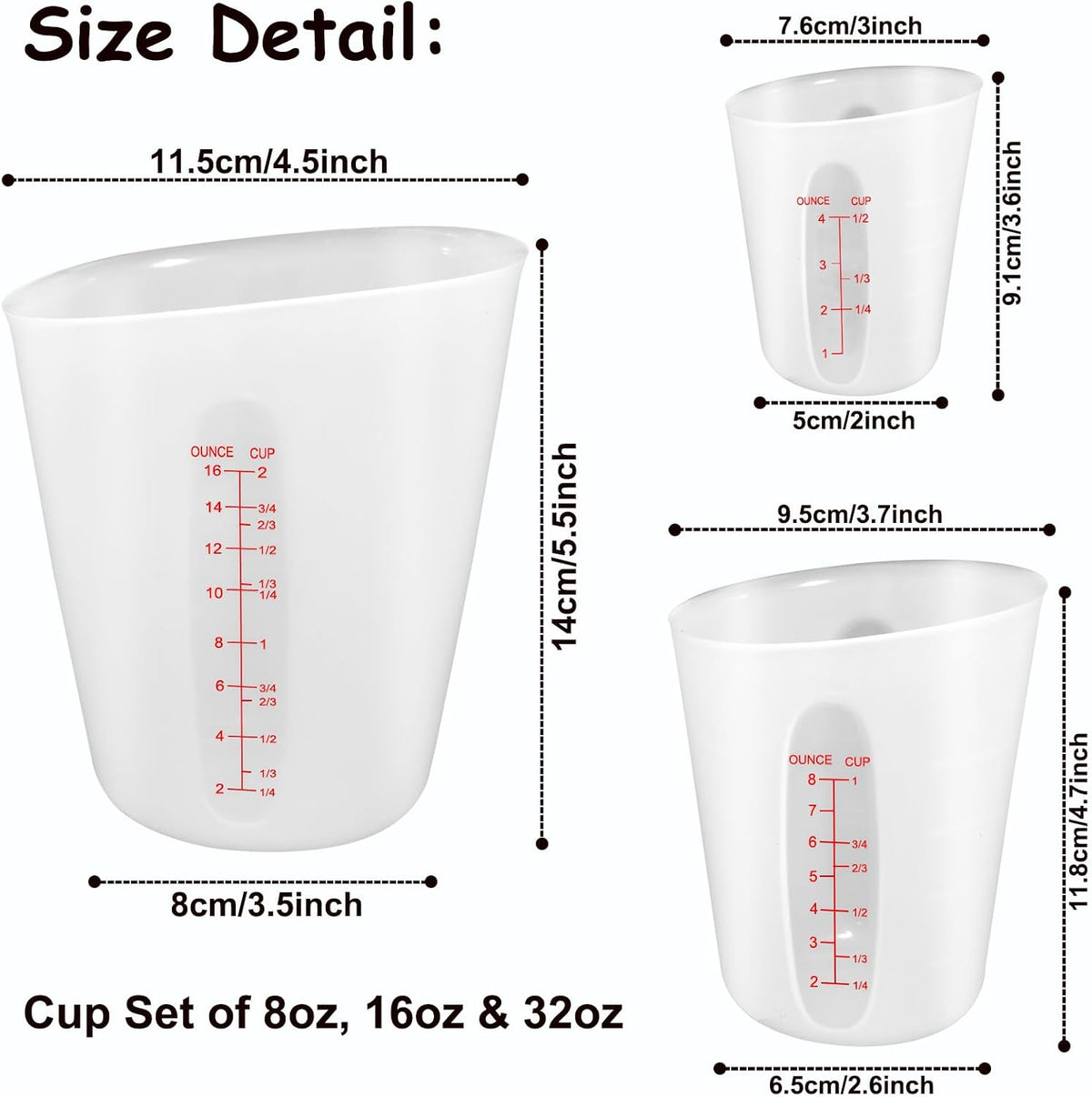 Three translucent silicone measuring cups showing scale markings