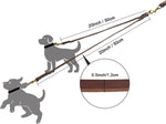 Authentic leather dual dog leash with rust resistant brass carabiners for two pets