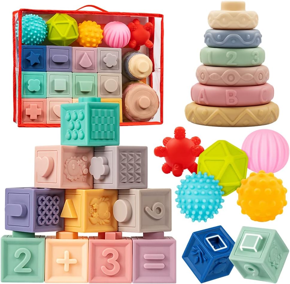 Jyusmile baby sensory toy set including building blocks and rings