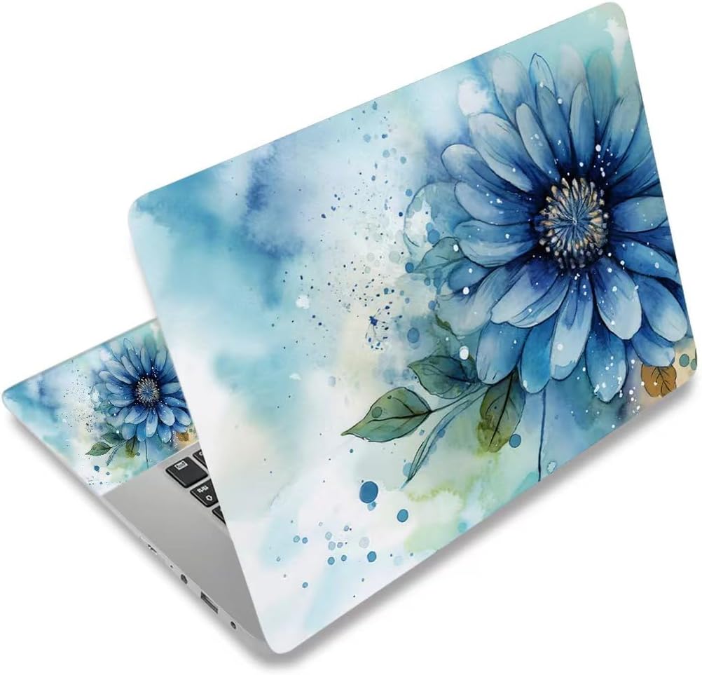 AIMSA laptop skin sticker decal blue flower front view on a seventeen inch notebook lid.
