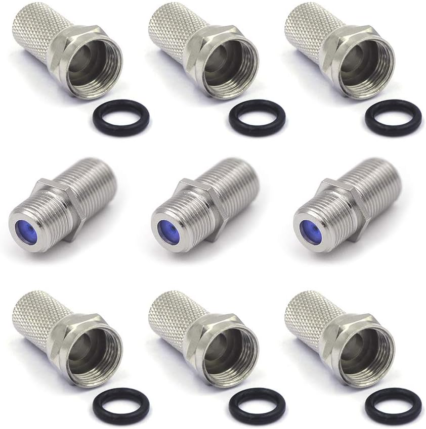 VCE Coaxial Cable Connector 6 piece kit front view layout showcasing the nickel-plated finish.