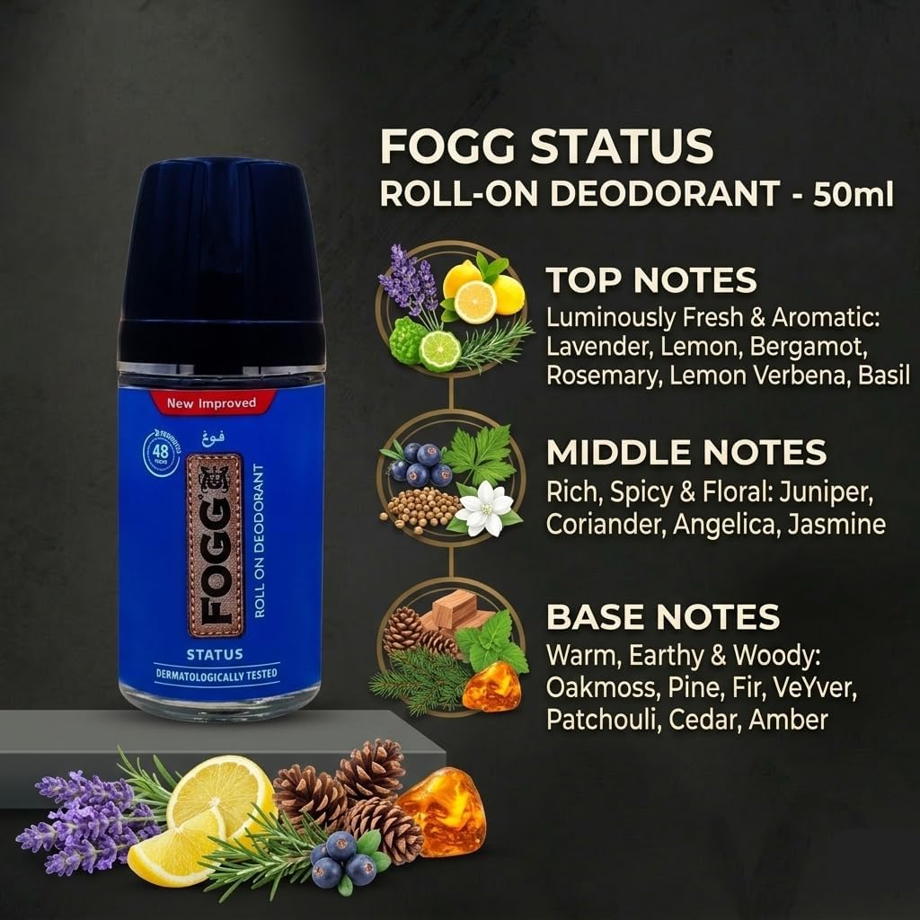 Fogg Status 50ml roll on antiperspirant bottle close up