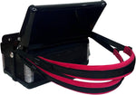 Accordion strap installed on a black piano accordion for display.