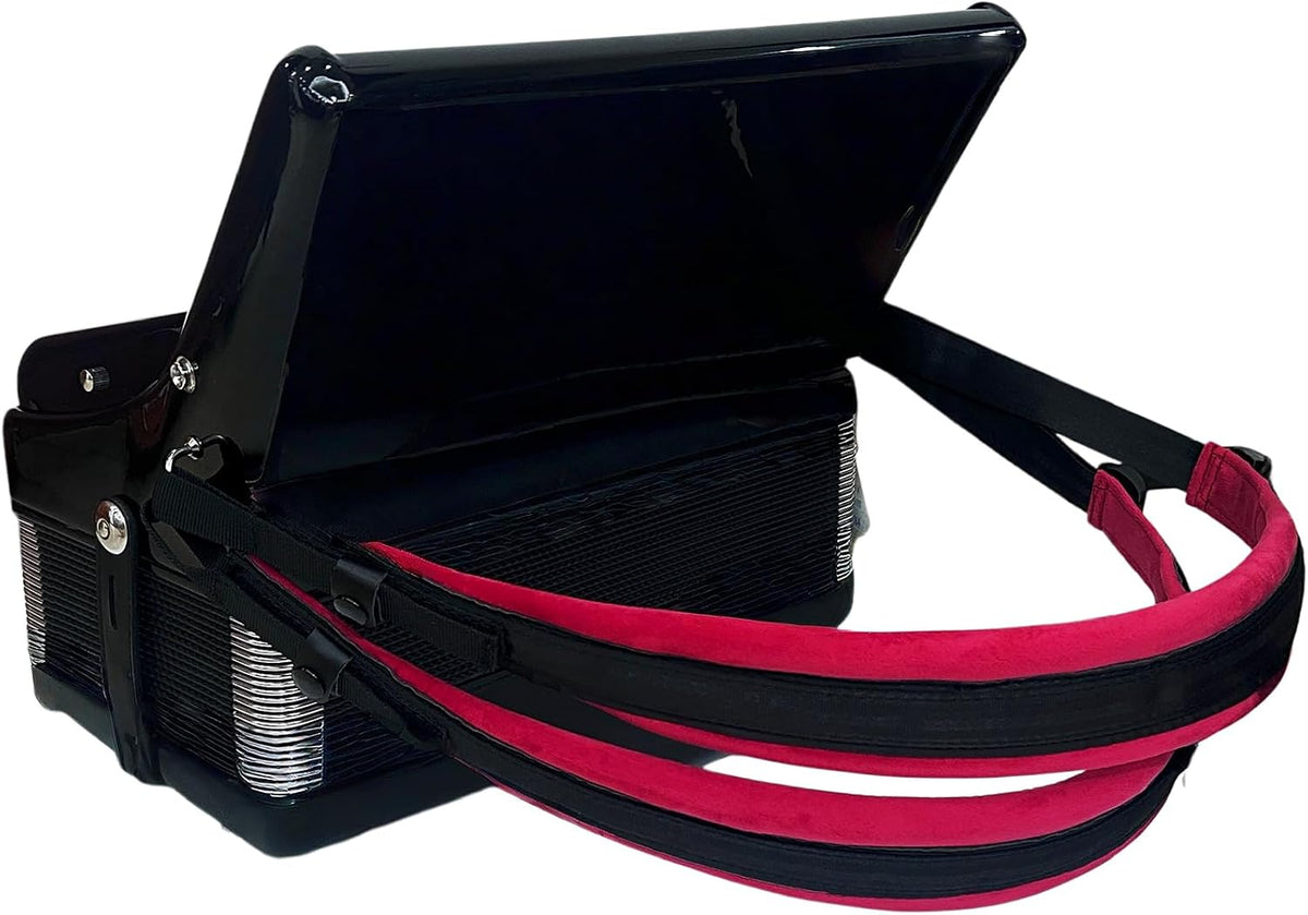 Accordion strap installed on a black piano accordion for display.