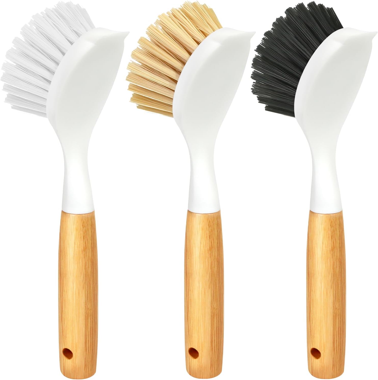 Holikme 3 Pack Dish Brush Set front view showing yellow white and black kitchen scrub brushes