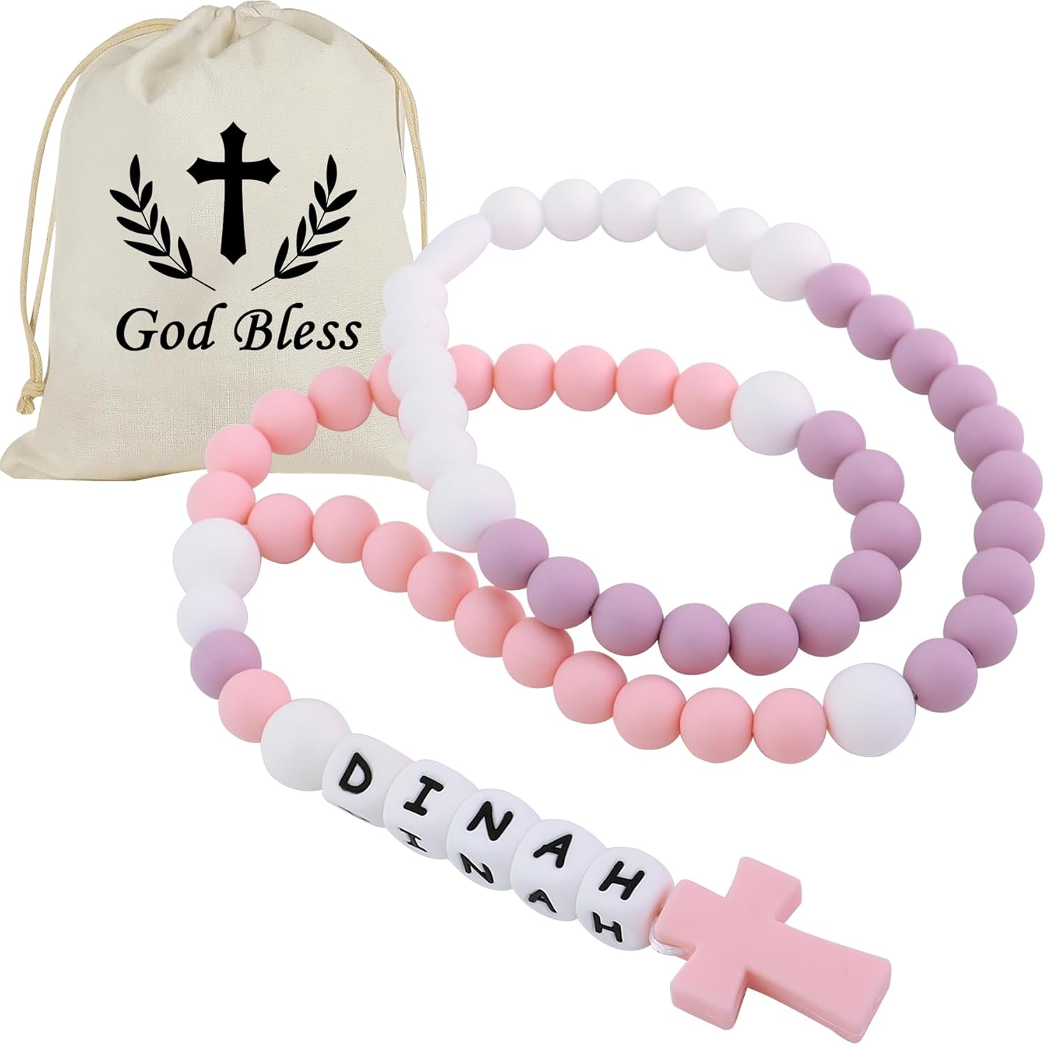 Custmade personalized name rosary cross front view with custom silicone beads