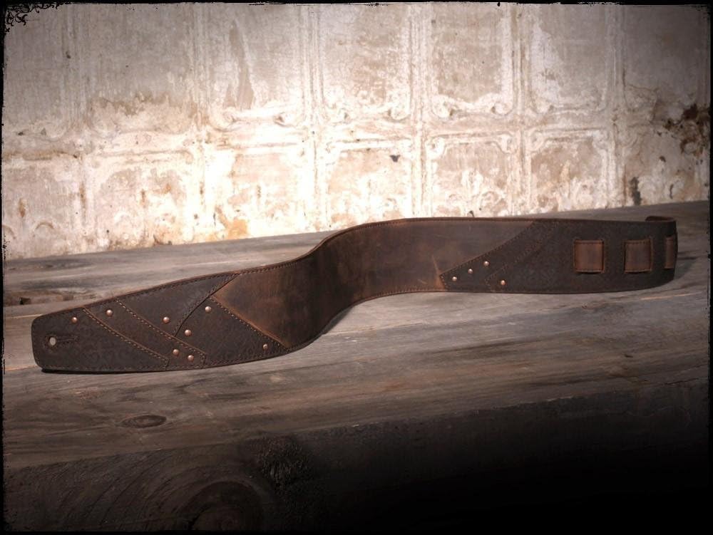 Anthology Gear Overland leather guitar strap attached to an electric guitar