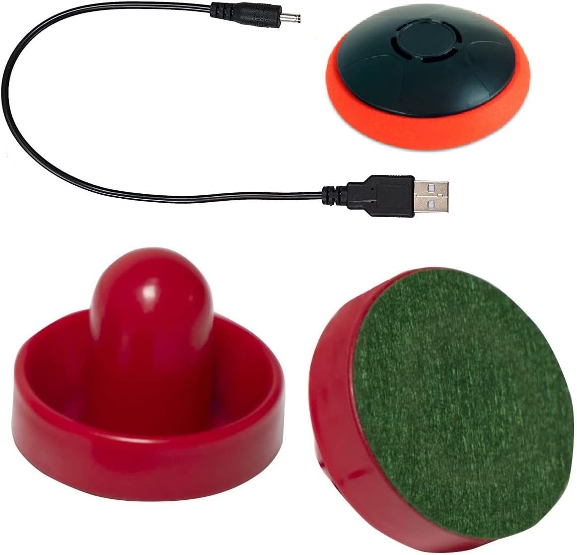 HYCT Rechargeable Hover Air Hockey Puck front view featuring the red floating puck and USB charging cable on a flat surface.