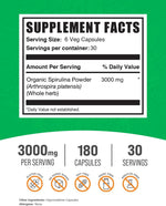 BulkSupplements Spirulina 3000mg vegan capsules supplement container highlighting dietary immunity support facts.