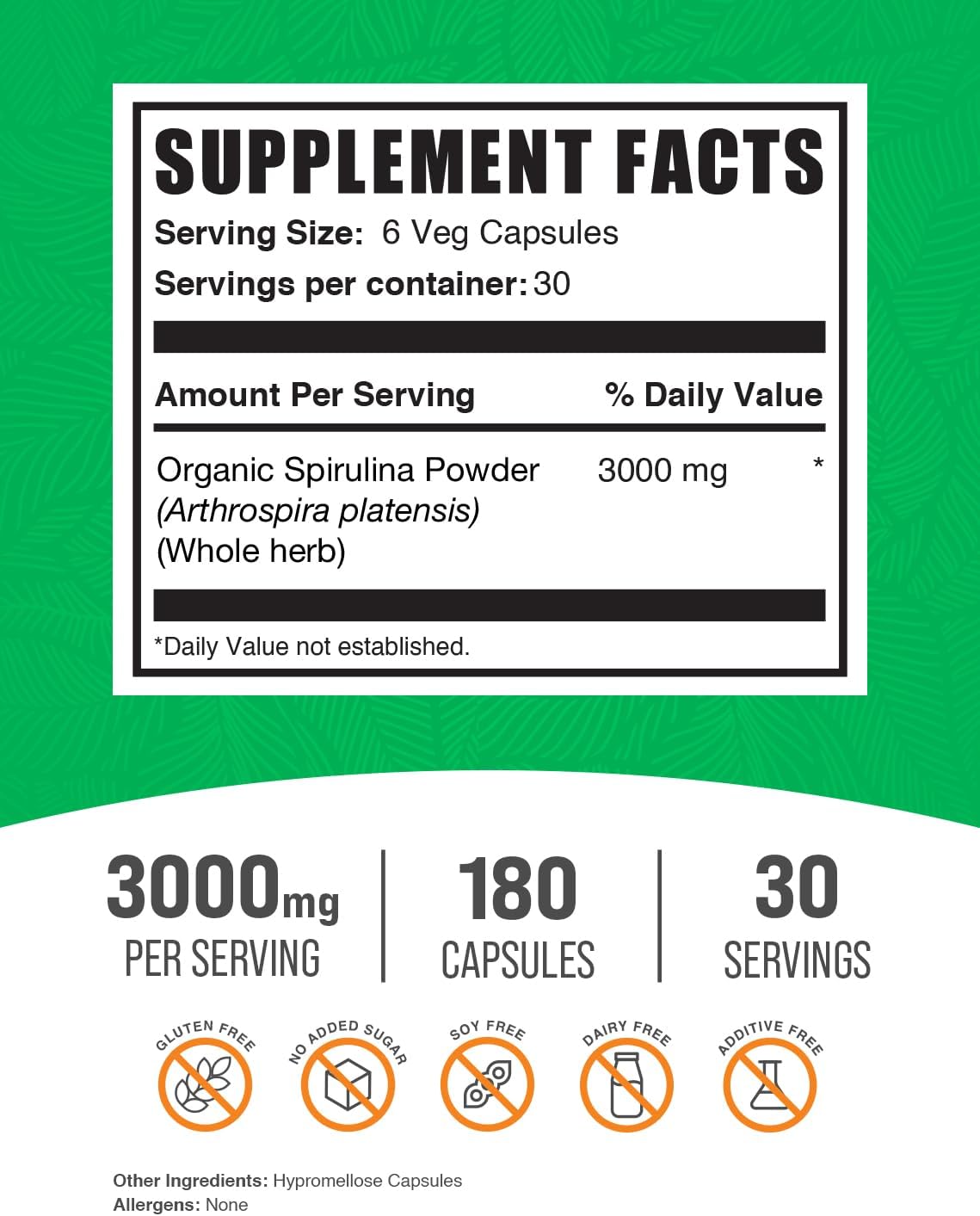 BulkSupplements Spirulina 3000mg vegan capsules supplement container highlighting dietary immunity support facts.