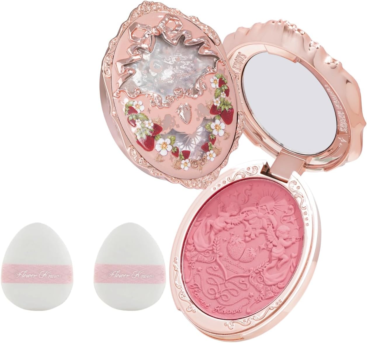 Flower Knows Strawberry Rococo Embossed Blush front view of vintage compact case