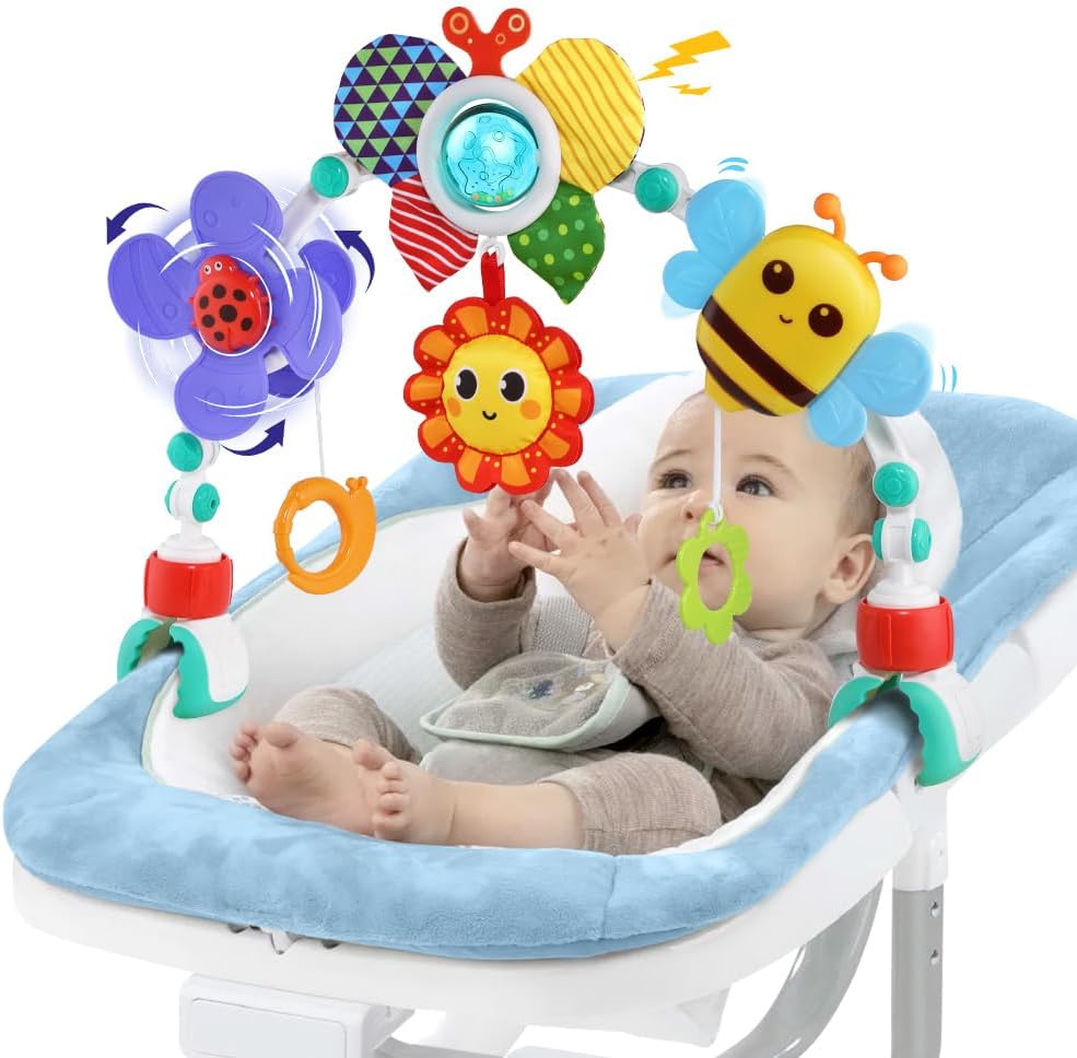SINOMARS baby stroller arch toys front view attached to a car seat featuring animal themed sensory hanging accessories