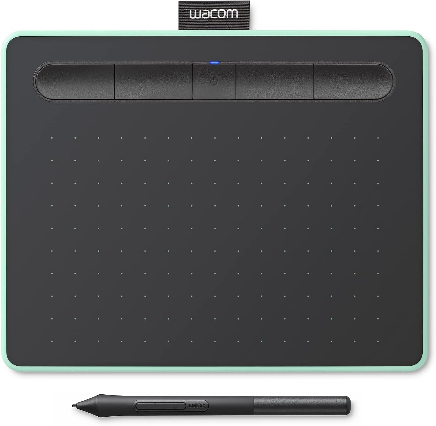 Wacom Intuos Small Bluetooth graphics drawing tablet front view in pistachio color with matching pen stylus.