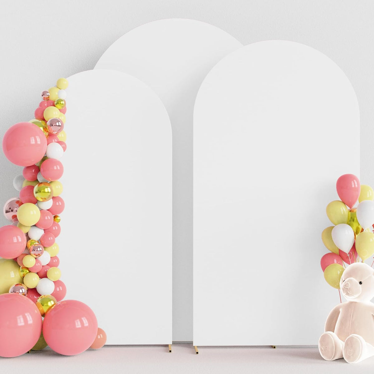 Wokceer white spandex wedding arch covers set of three front view setup for party decoration.