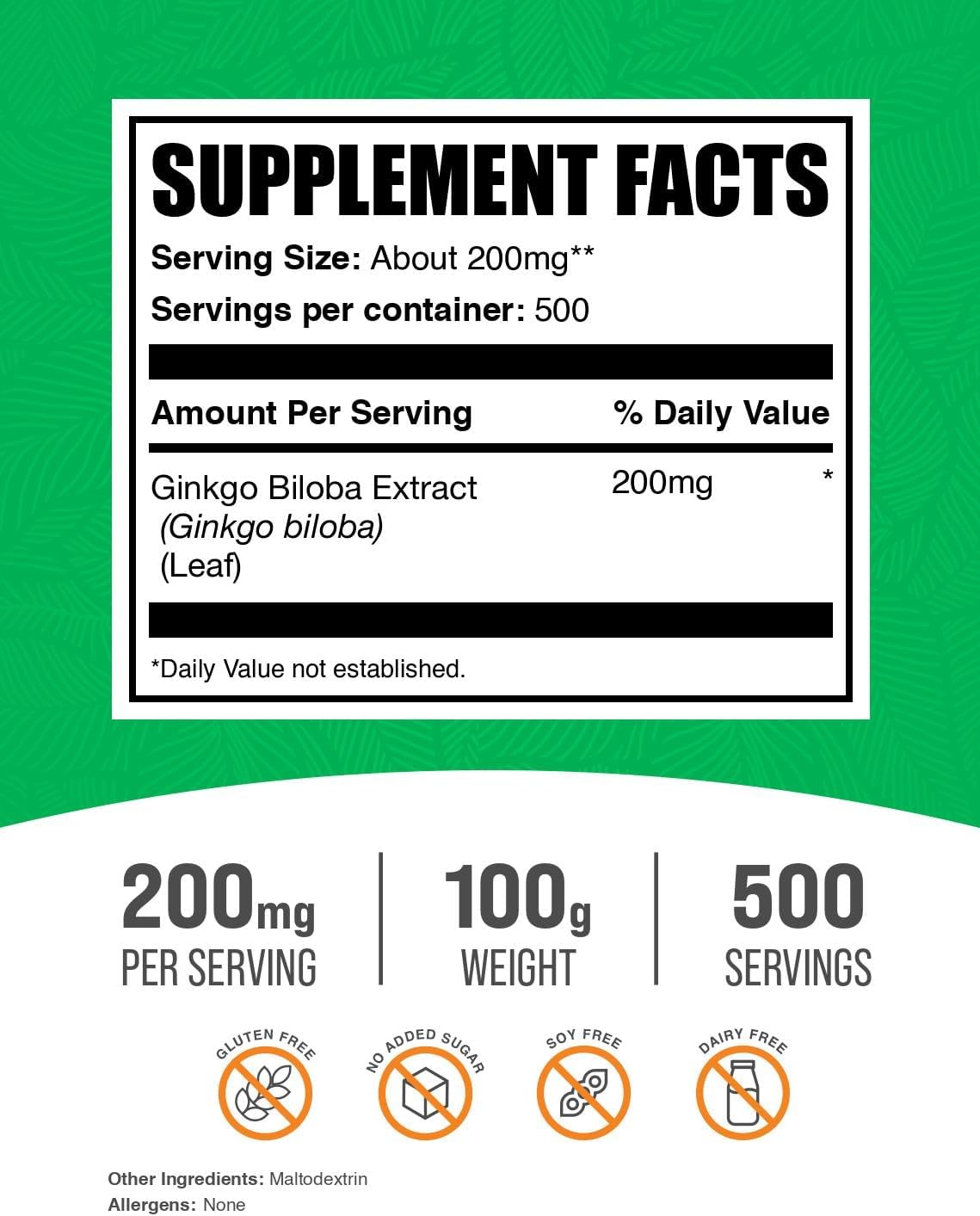 BulkSupplements Ginkgo Biloba 100 Gram pouch label