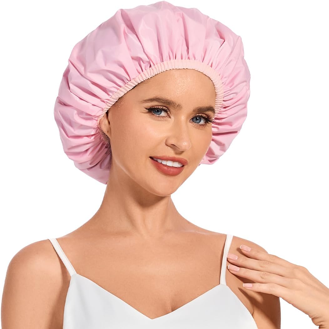 Shower Cap for Women Waterproof Reusable, Large Shower Cap Non-Slip with Elastic Band, Washable Bath Hair Hat for Long Hair, Braids (Pink) - Image 1