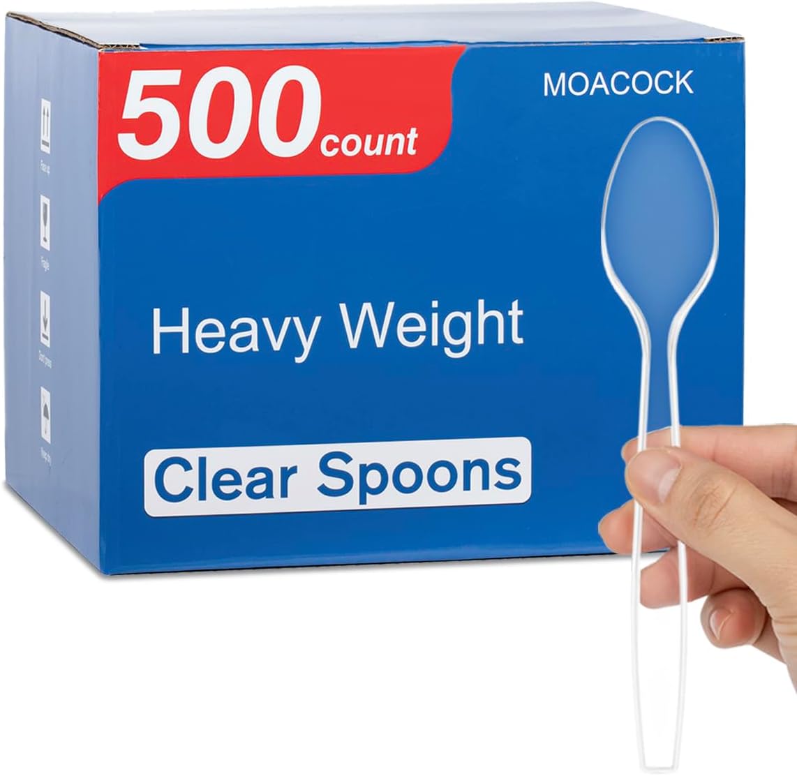 Prestee clear plastic spoons front view of premium disposable bulk cutlery package