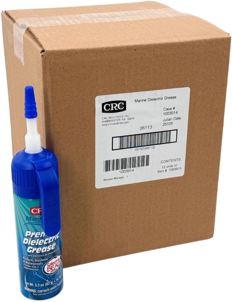 CRC Marine Premium Dielectric Grease 12 pack master case front view showing pressurized cans for boat electrical insulation.