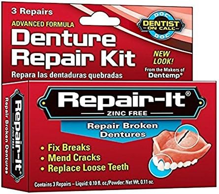 Close up of Doc Repair-It denture repair components and kit contents
