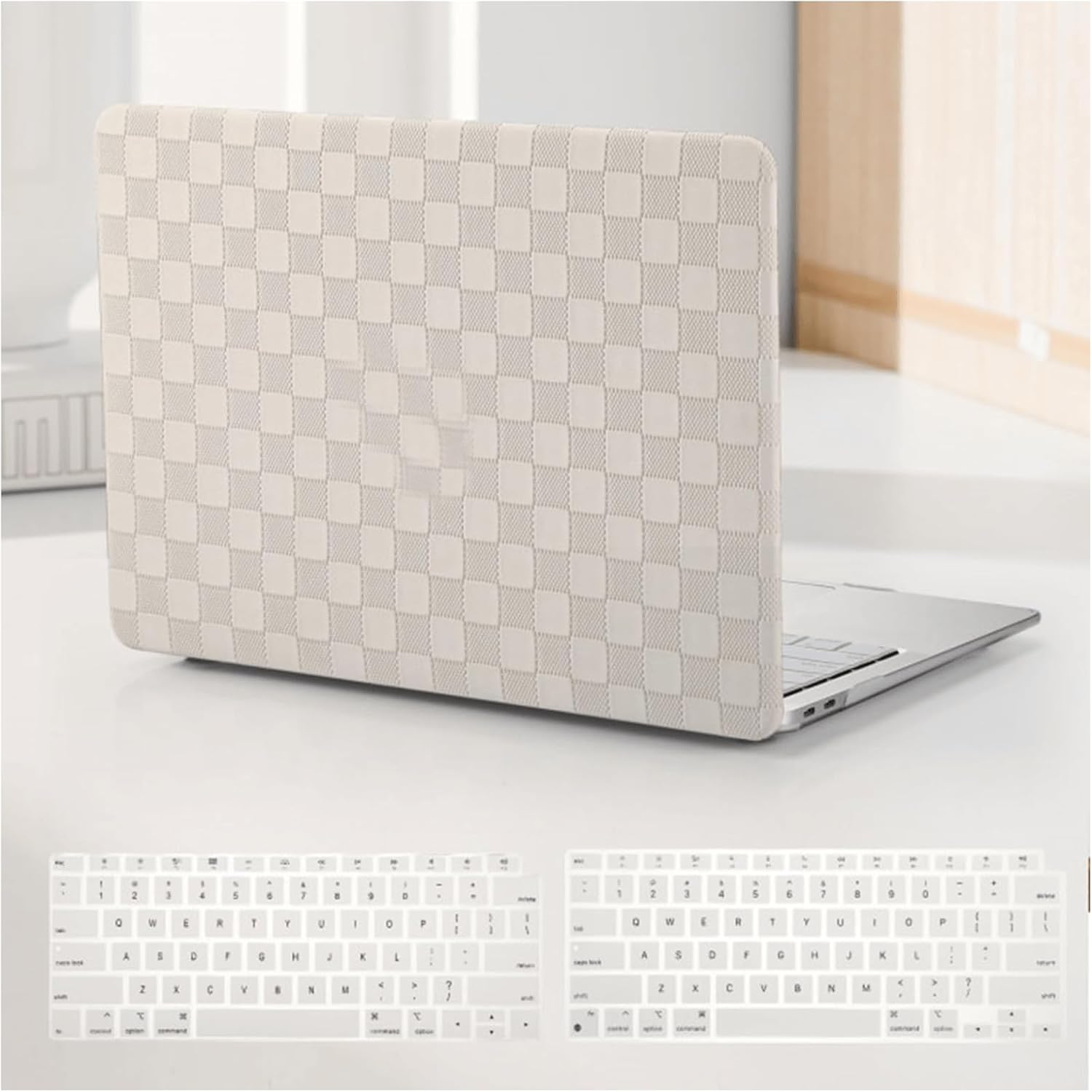 BYCeKe checkered textured cream leather hard shell laptop case front view showcasing aesthetic cream checkerboard design