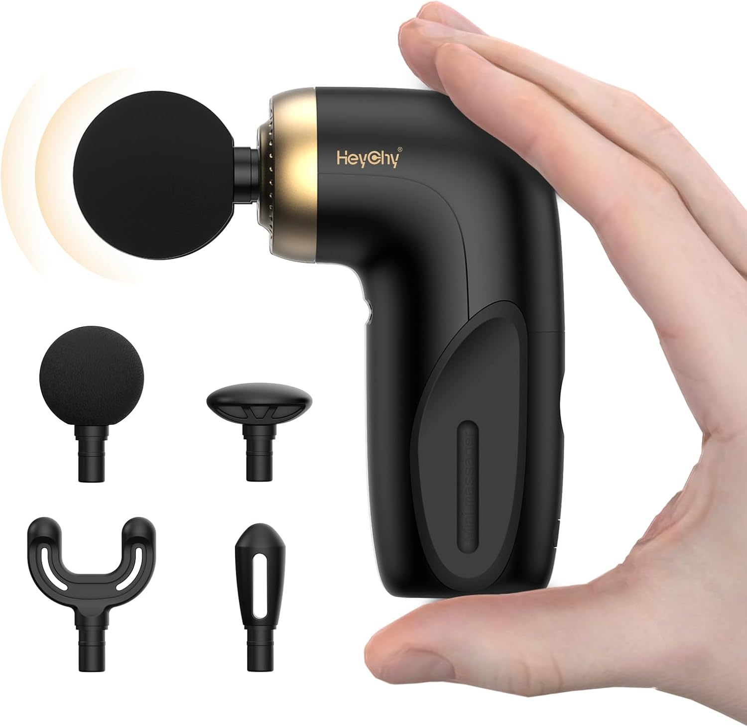 HEYCHY A1 Super Mini Massage Gun front view in black showing sleek gold accents and ergonomic handle