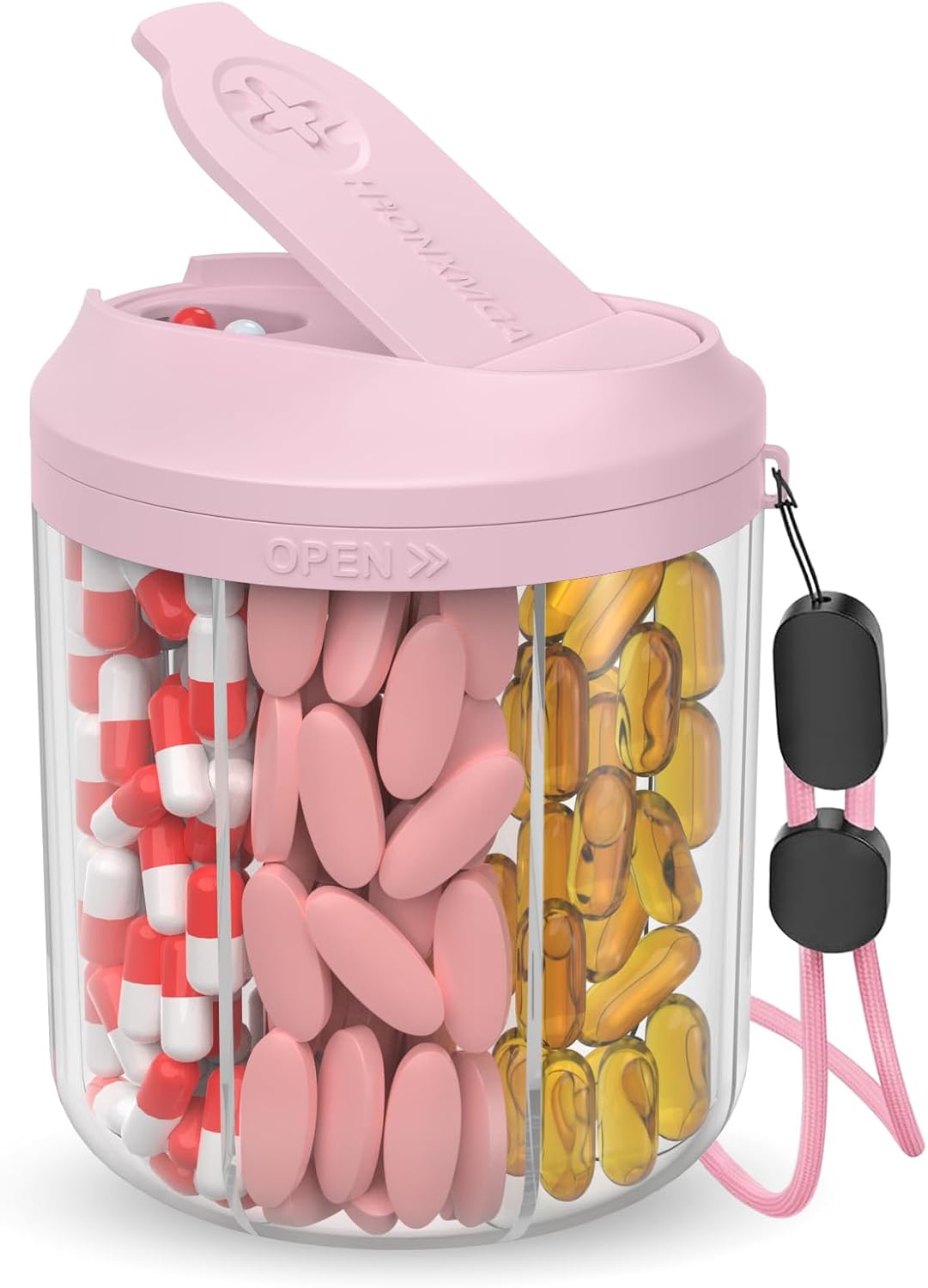 Hionxmga Pill Dispenser with 7 Large Compartments, Pill Organizer for Travel with Anti-Mixing Design, BPA-Free Pill Container with 20 Pcs Labels, Pink - Image 1
