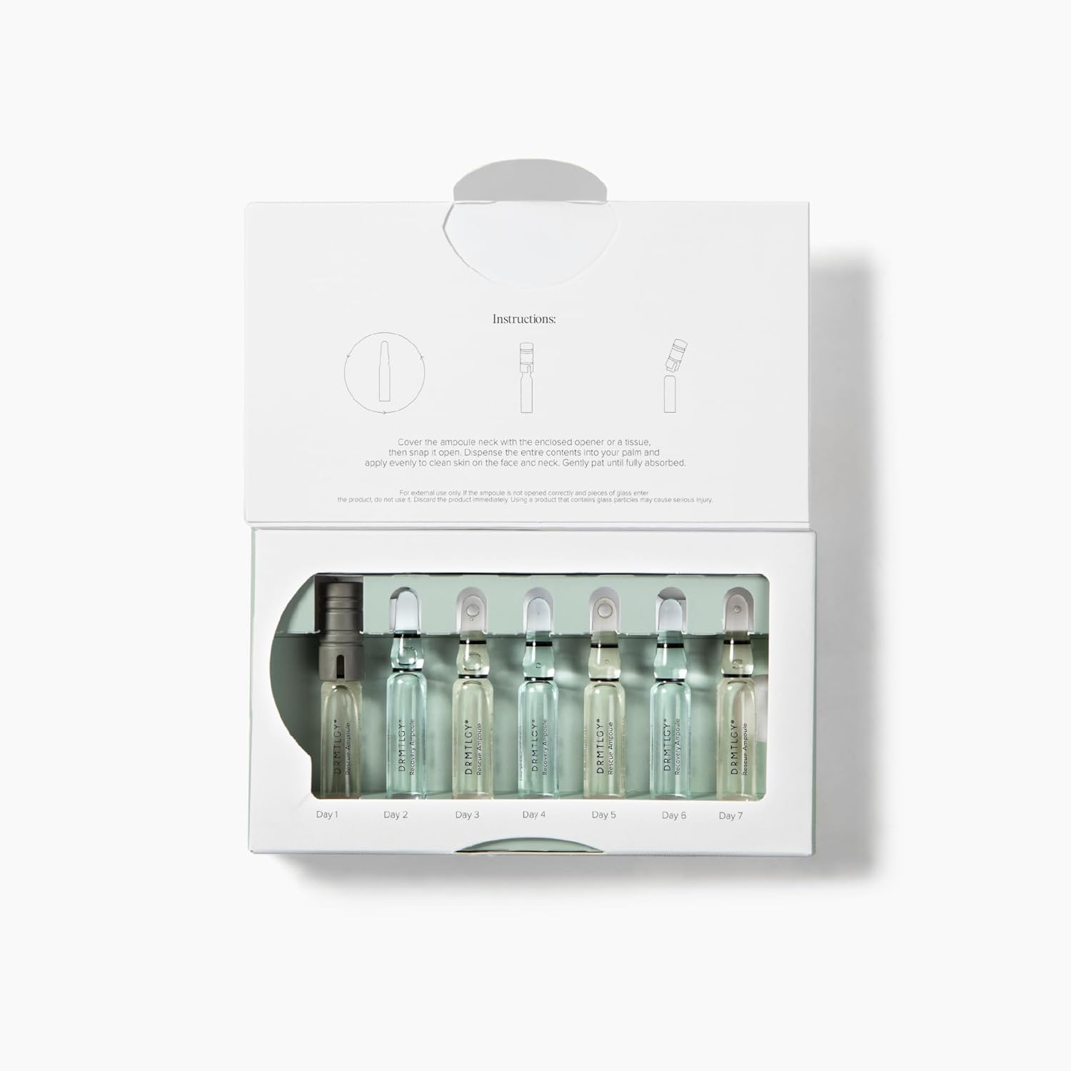 DRMTLGY BarrierIQ 7-Day Rescue and Recovery Protocol front view displaying packaging and seven glass ampoules for barrier repair.