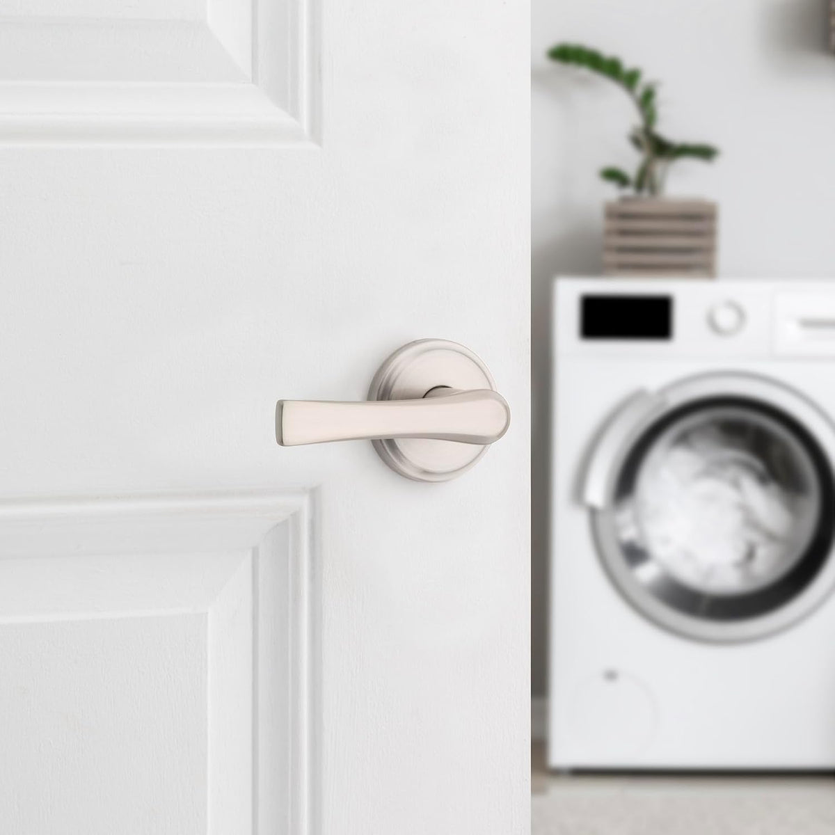 Kwikset satin nickel lever handle side angle