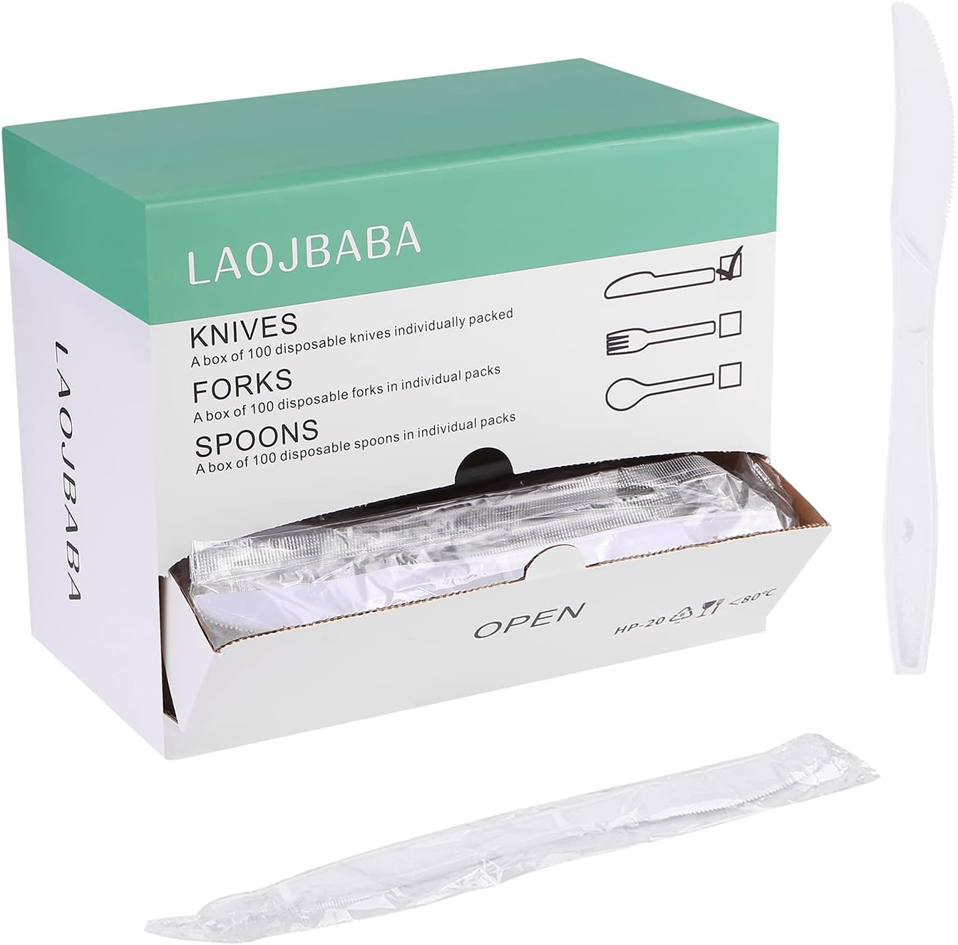 Laojbaba individually wrapped white plastic knives front view commercial grade