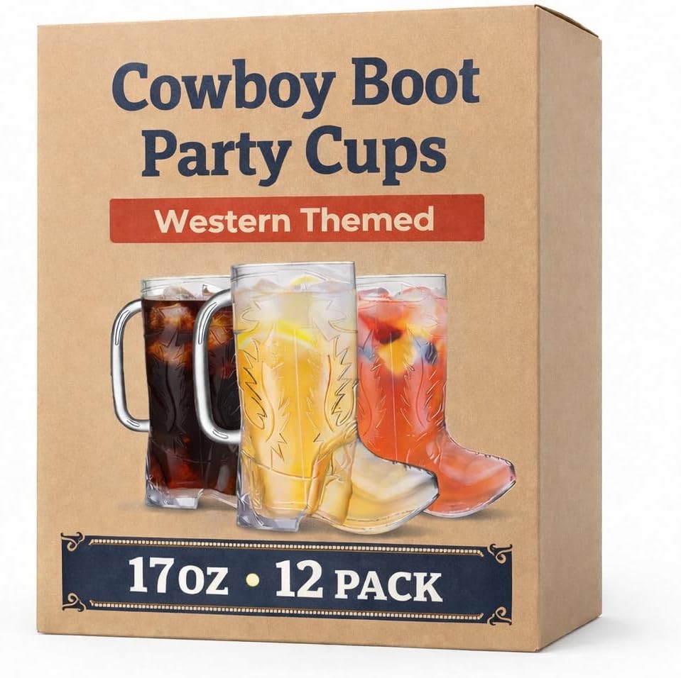 JoyServe Cowboy Boot Cups front view displaying 12 piece set