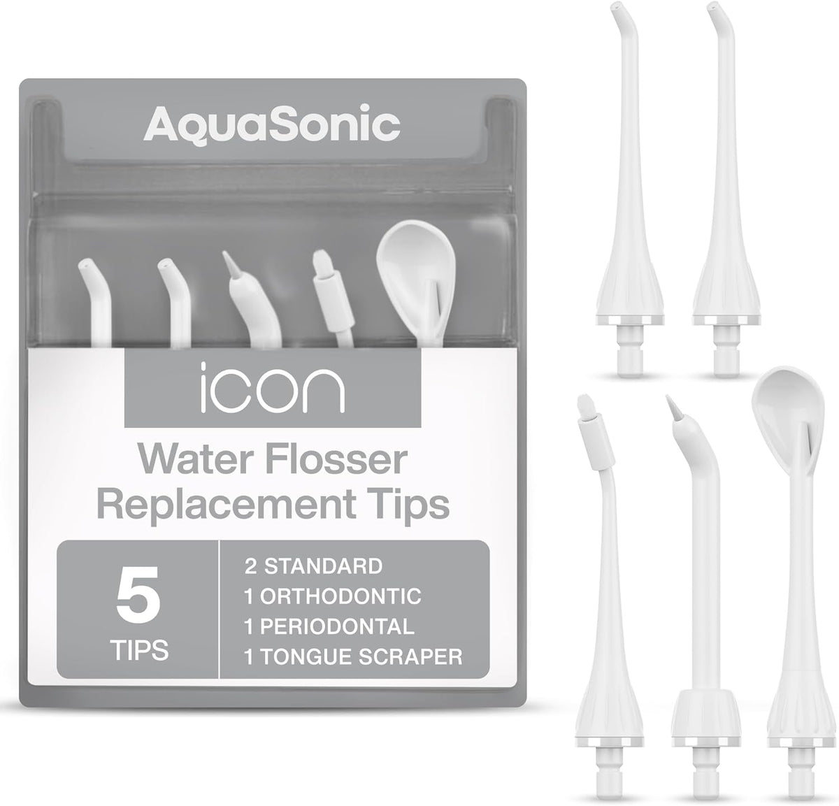AquaSonic Icon Water Flosser replacement tips set packaging front view