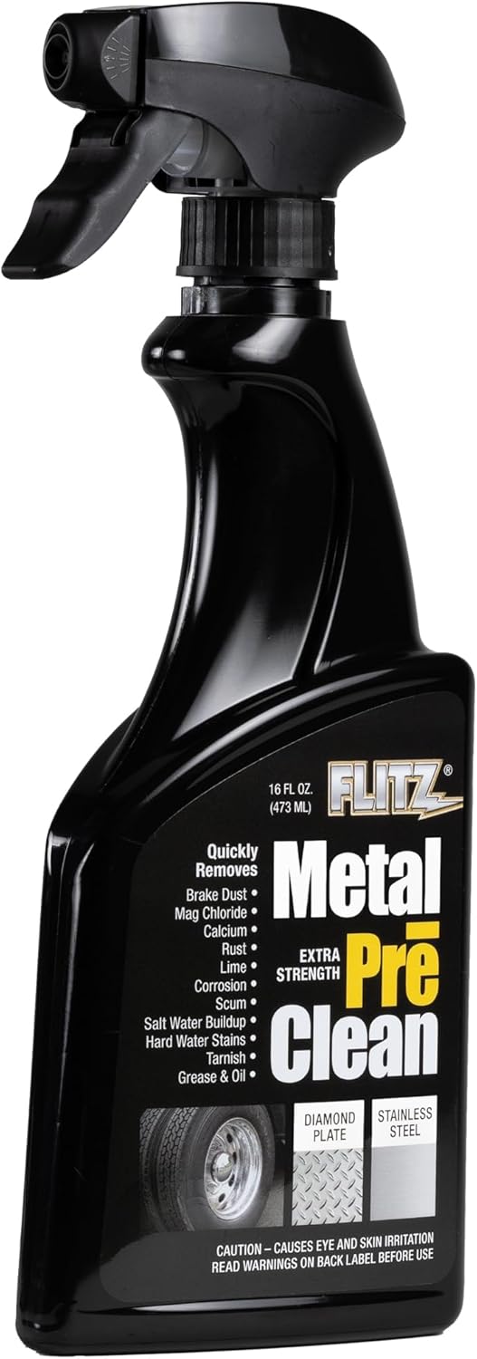 Flitz Metal Pre-Clean 16 Fluid Ounce spray bottle front view.