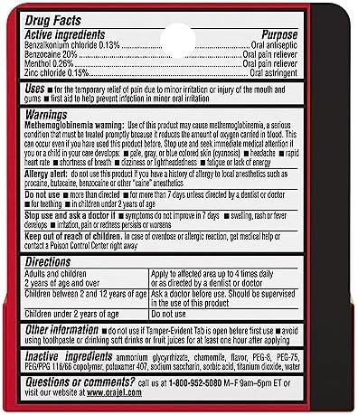 Orajel 20% Benzocaine nighttime oral pain reliever tube for severe toothaches.