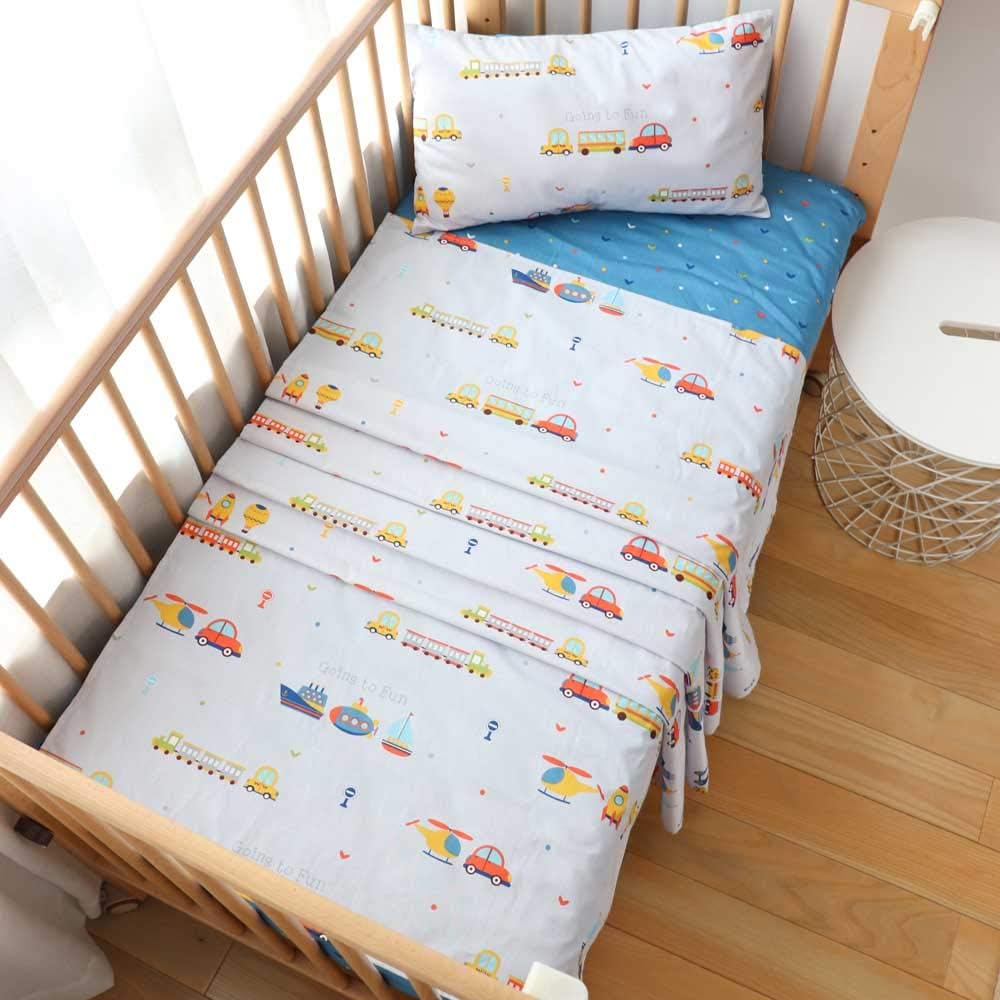 Emenpy cotton toddler sheet set front view showcasing the blue car pattern crib bedding.