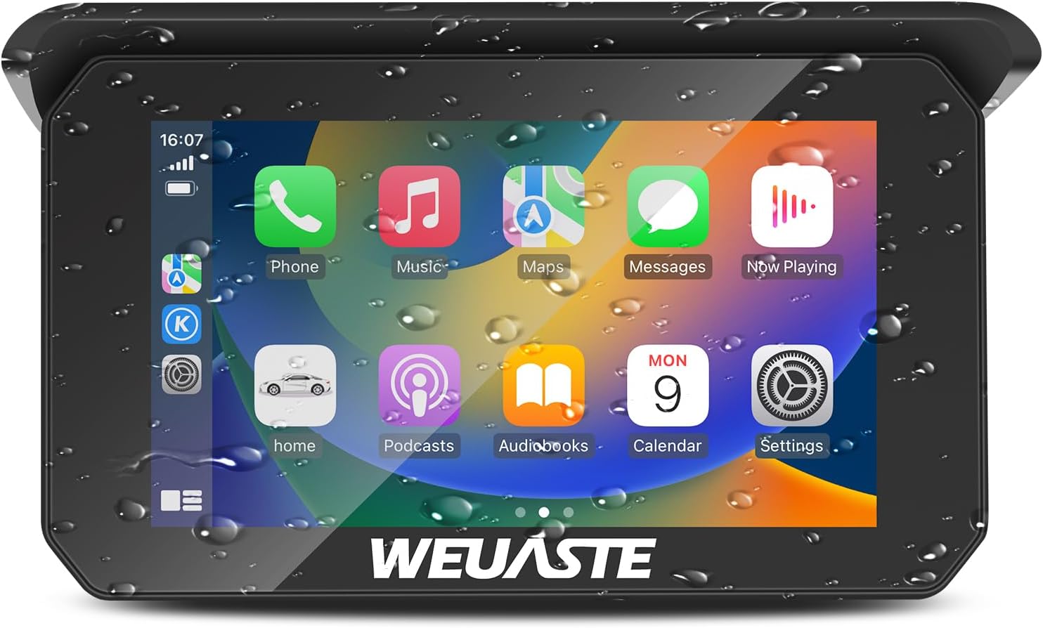 Weuaste portable motorcycle carplay screen showing front view mounted on handlebars.