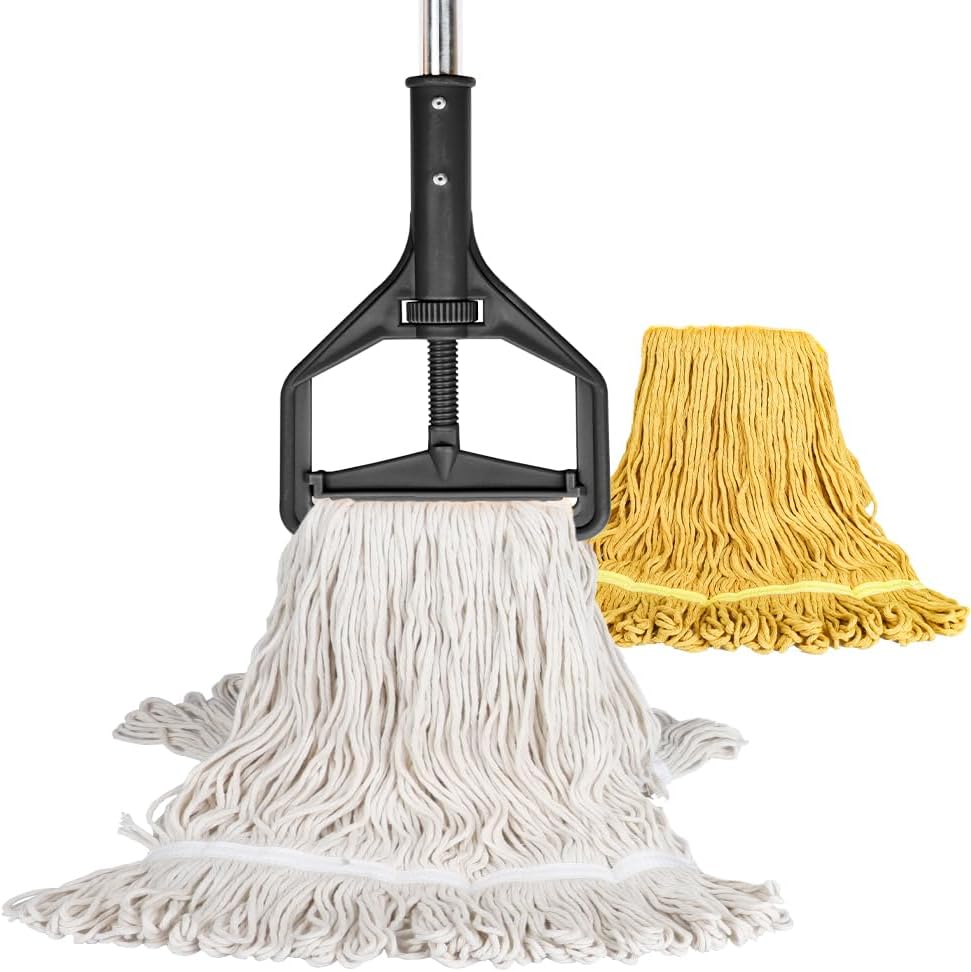GLOHOO wet string mop front view displaying the black heavy duty commercial floor cleaning assembly.