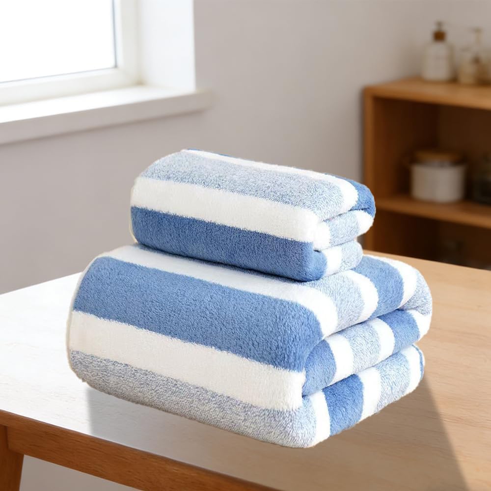 The Style Sutra bath towel set front view showing blue and white striped pattern