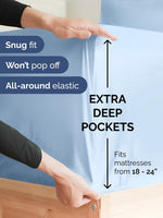 Light blue Cal King fitted sheet showing deep pocket corner depth
