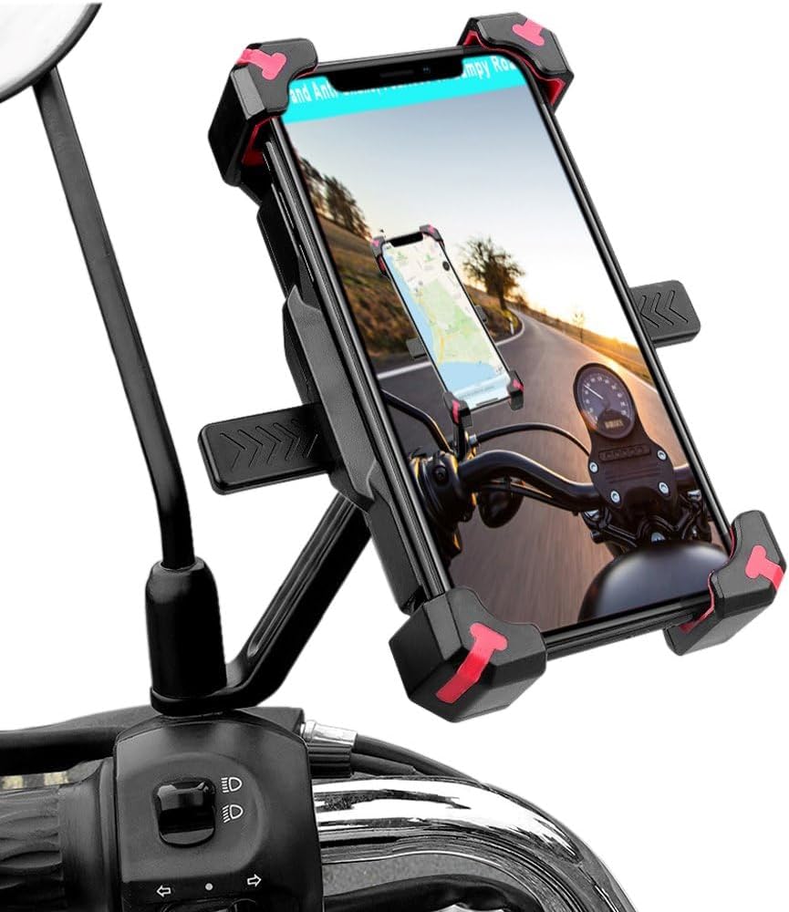 YIUJEFDA motorcycle rearview mirror phone mount front view showing black frame with red silicone corner grips