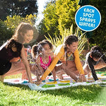 Children playing on the Hasbro Twister backyard water sprinkler mat with streams of water spraying upwards
