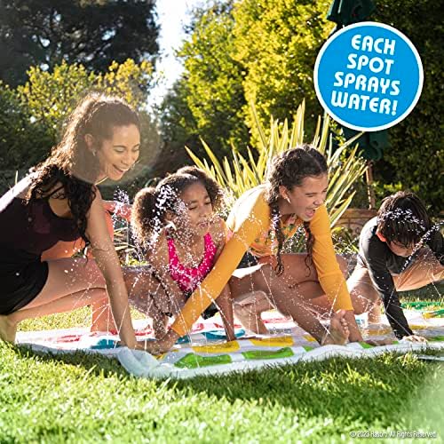 Children playing on the Hasbro Twister backyard water sprinkler mat with streams of water spraying upwards