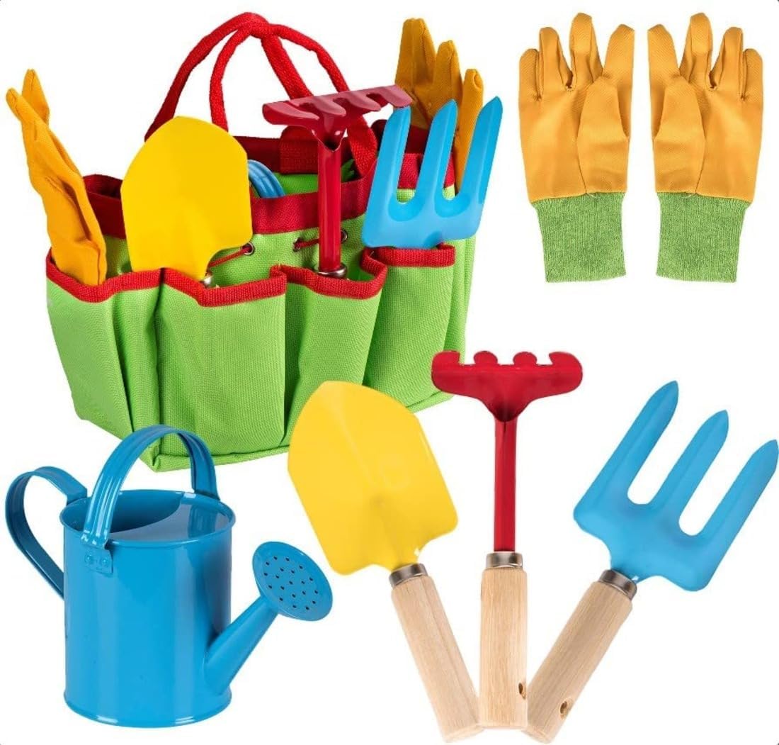 Toyrifik Little Gardener Tool Set front view featuring colorful metal tools and green tote bag