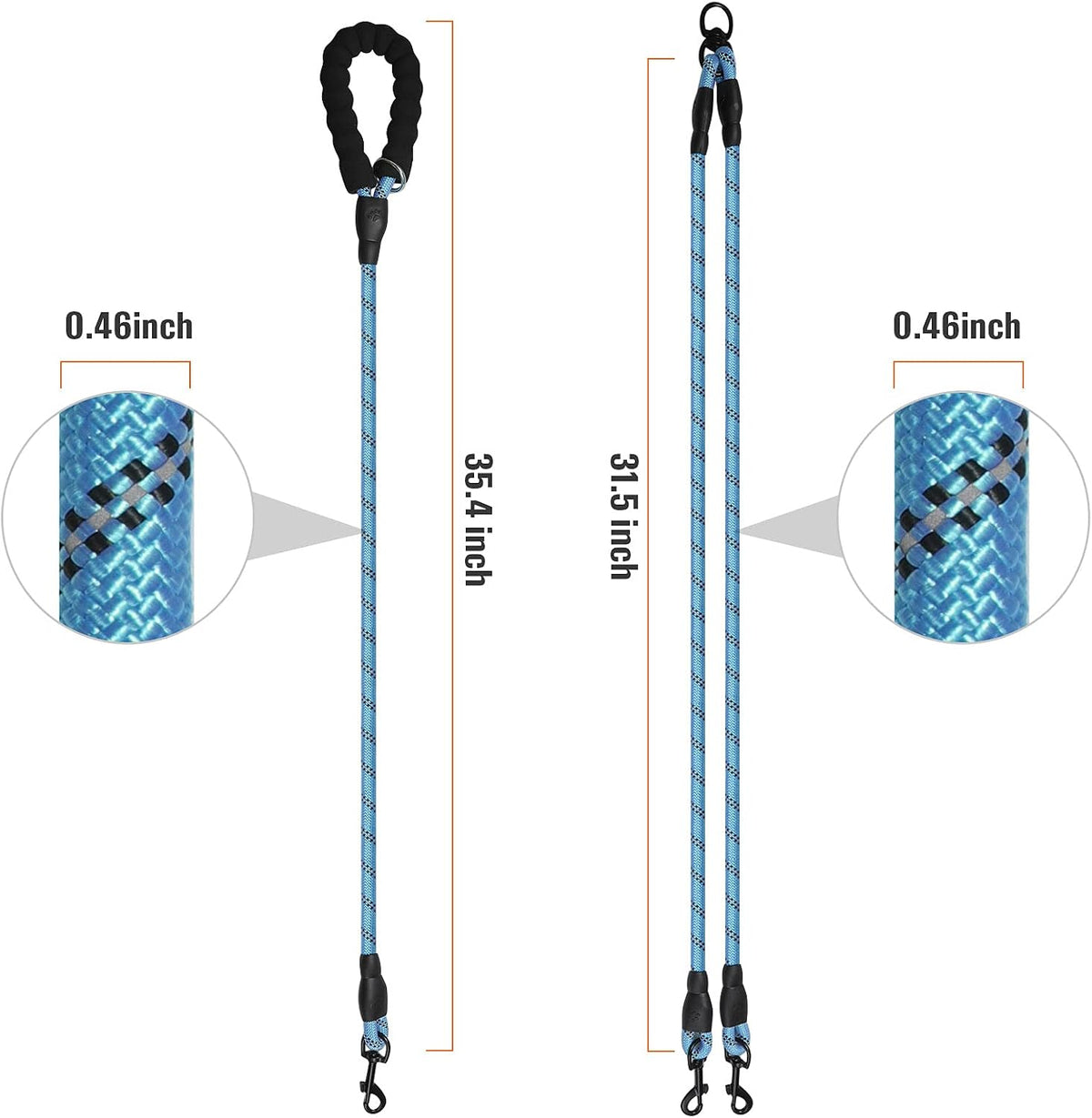 Close up of the three hundred sixty degree swivel tangle free clasp on the light blue dual dog lead