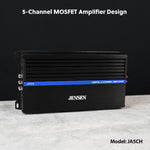 Jensen premium car sound system amplifier showing the thermal short circuit protection fuse bay details.