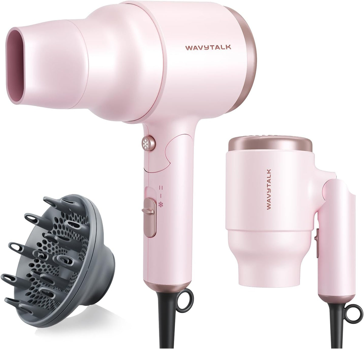 Wavytalk mini hair dryer in pinky white shown from the front with its handle unfolded and styling nozzle attached.