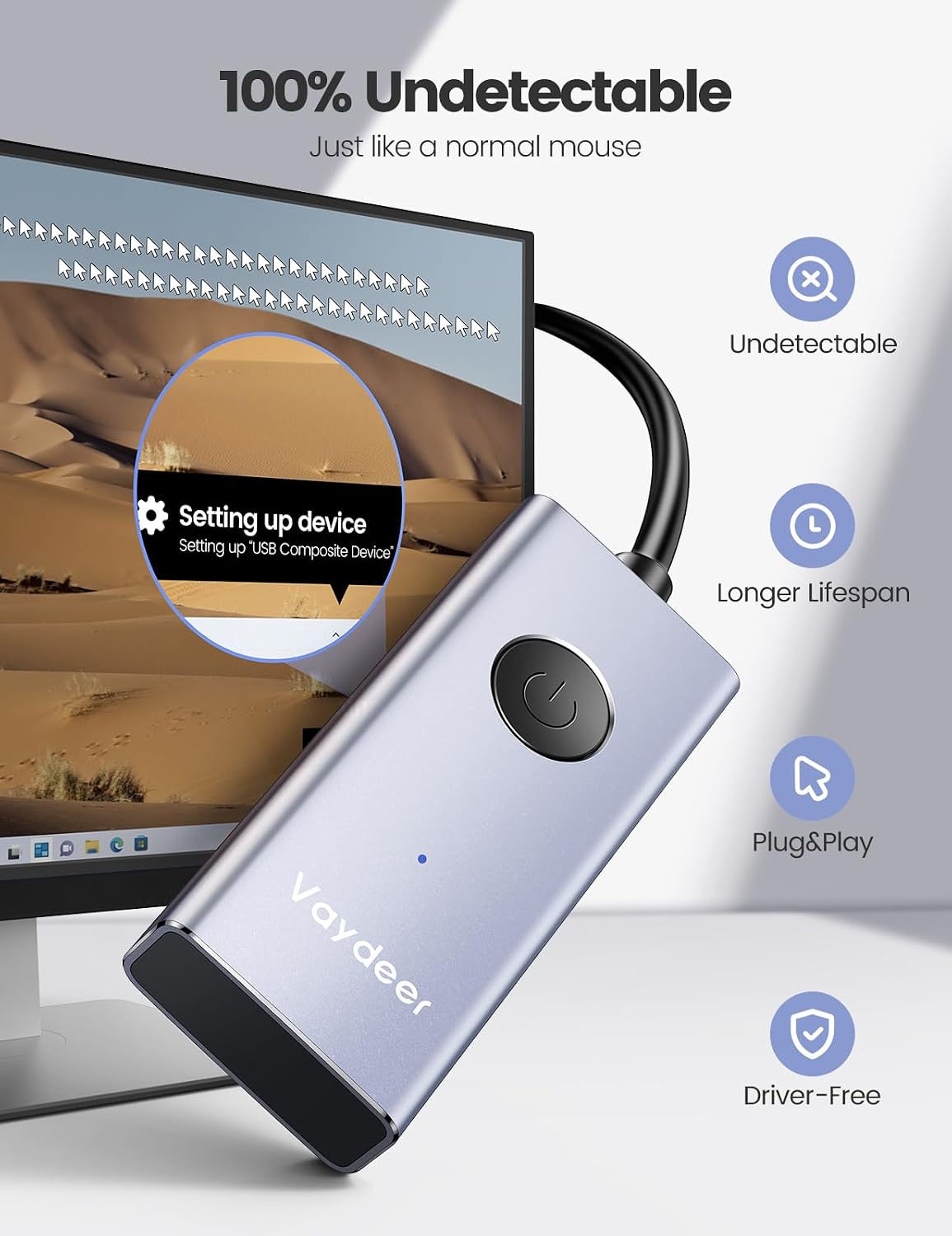 Vaydeer S4 mouse mover showing physical power switch and indicator light