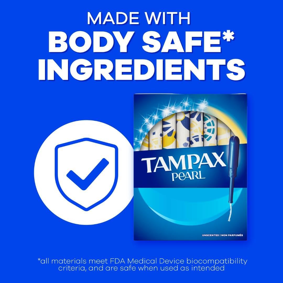 Tampax Pearl unboxed tampons displaying Light, Regular, and Super sizes