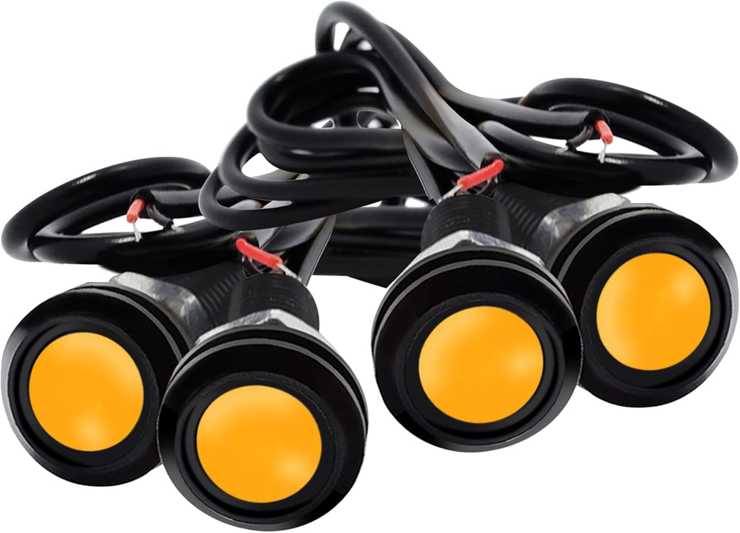 JRQLOV eagle eye LED lights front view showcasing the four piece yellow eighteen millimeter bulbs in black shells.