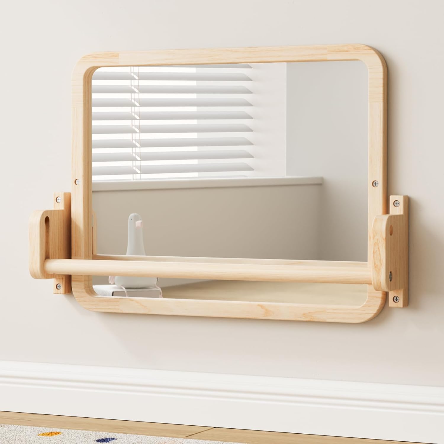 Woodtoe Montessori Mirror with Bar front view in a modern nursery setup.